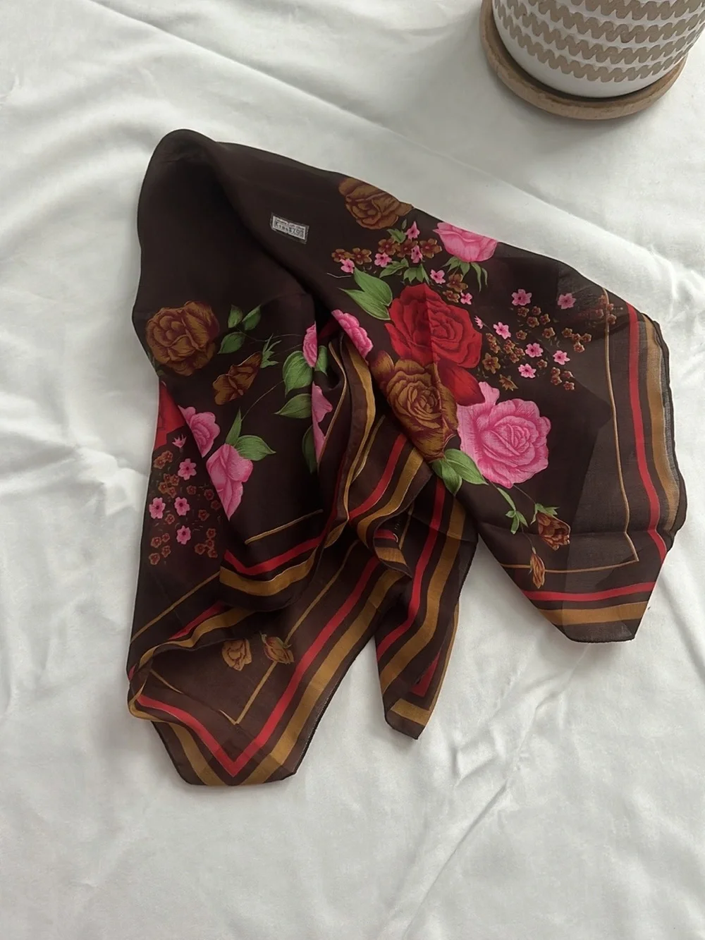 Vintage Floral Scarf Brown with Pink & Red Roses